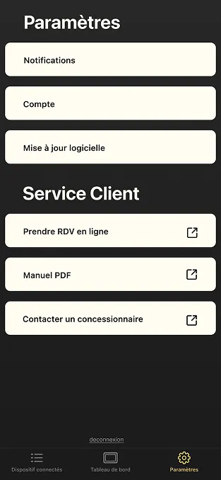 L'écran des paramètres.